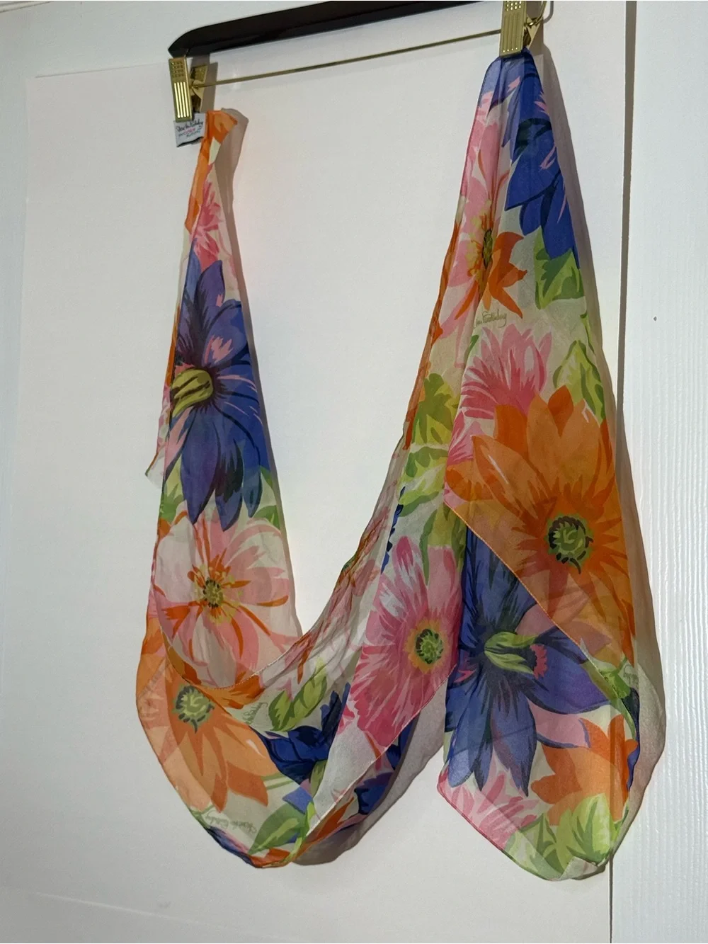 Diane Von Furstenberg Orange, Pink and Cream Floral Silk Scarf